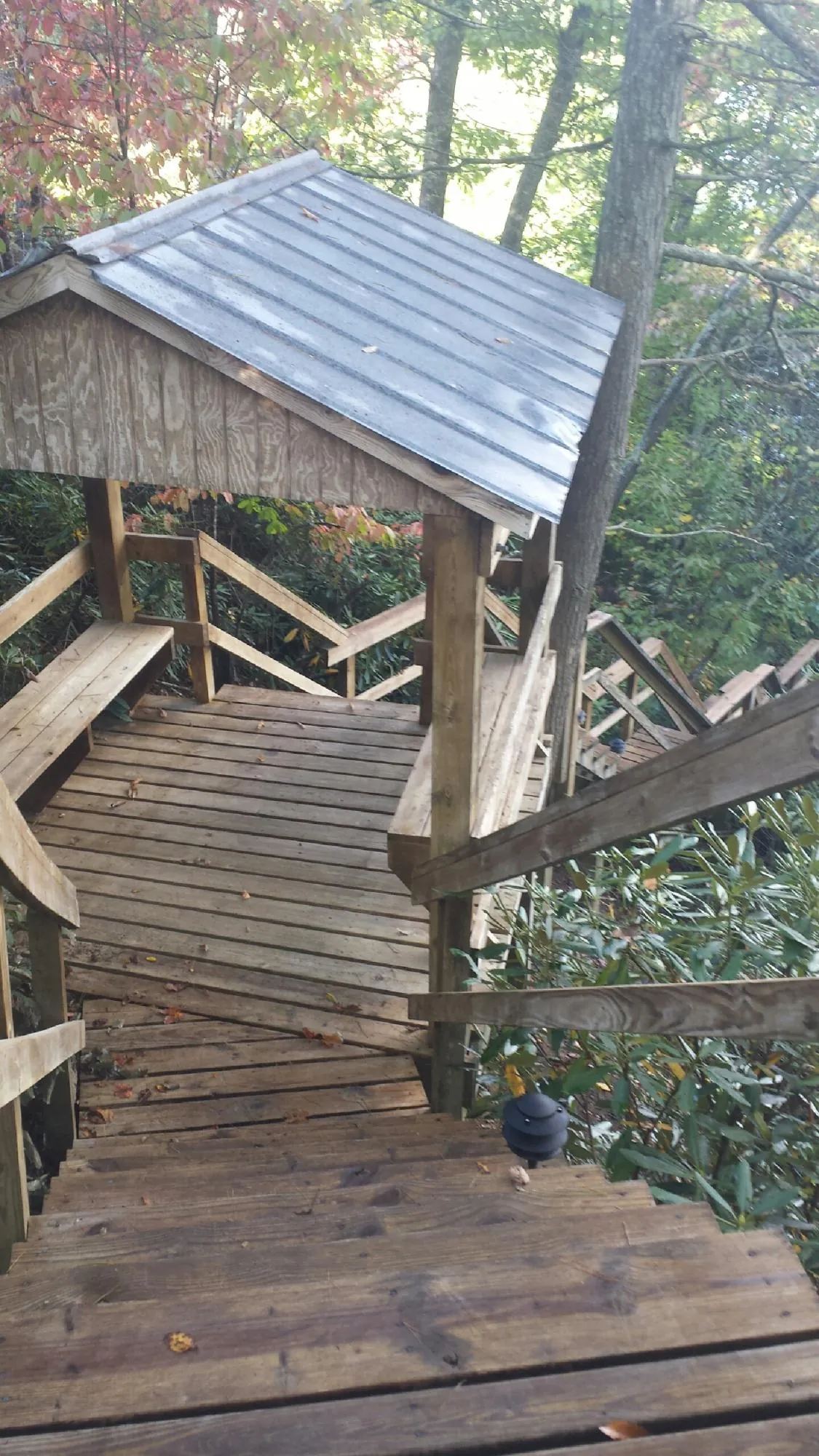 Metal roofed shelter over wooden steps on a wooded walkway — Skylight Repair & Installation work by our crew in Diberville